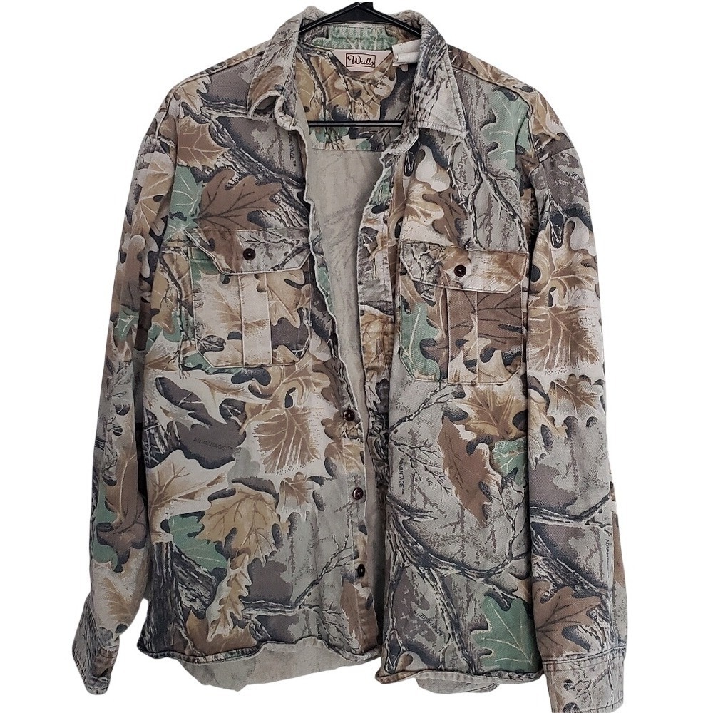 Vintage Camo‎ Button Up Boyfriend Shacket Distressed Heavy Duty Gray Brown SZ:XL